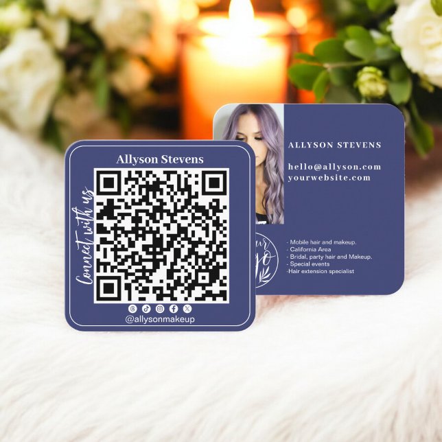QR-Foto-Logo für Navy Social Media Quadratische Visitenkarte (Navy blue Social Media QR Code Photo Logo Square Business Card)