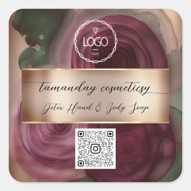 QR-Foto-Logo Produkt Rose Burgund Quadratischer Aufkleber (Vorderseite)