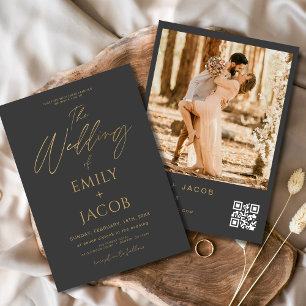 QR-Foto-Skript für Charcoal Gray Gold Wedding Einladung