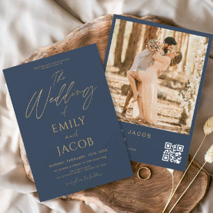QR-Foto-Skript für Hochzeiten von Navy Blue Einladung