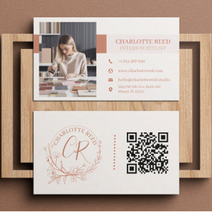 QR Foto Terracotta Floral Monogramm Visitenkarte