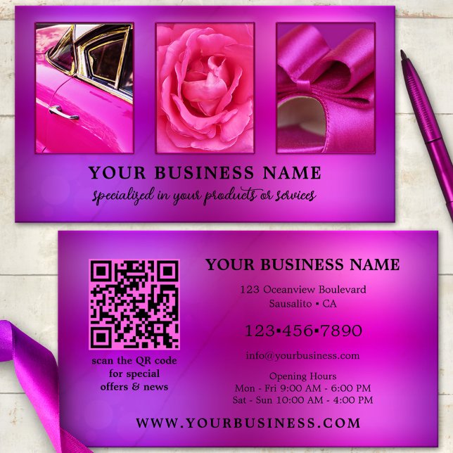 QR-Foto-Visitenkarte mit heißen rosa Augen Visitenkarte (Business card featuring your custom photos on an eye-catching hot pink purple design - with QR code)