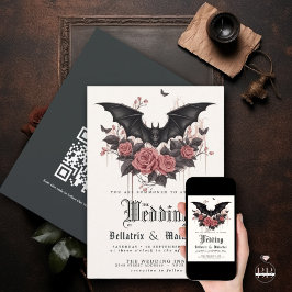 QR Goth Rosewood Rose Black Bat Bouquet Einladung
