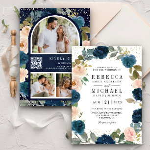 QR-Hochzeit für Navy Blue und Peach Floral Foto Einladung