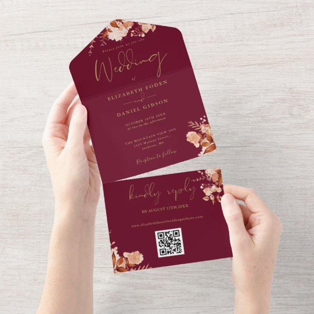 QR-Hochzeit im Herbst für Burgund und Gold-Floral All In One Einladung (Abreißen)
