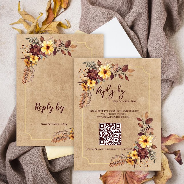 QR-Hochzeit im Herbst für Gelb und Burgund RSVP Karte (Yellow & Burgundy Floral QR Code Fall Wedding RSVP Card)
