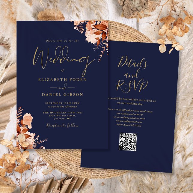 QR-Hochzeit im Herbst für Navy und Gold Einladung (Navy Blue And Gold QR Code Fall Wedding Invitation)