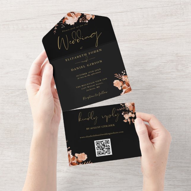 QR-Hochzeit im Herbst für schwarze und goldene Rus All In One Einladung (Abreißen)
