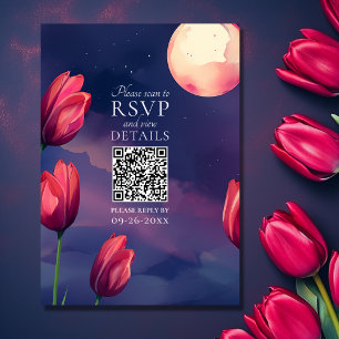 QR-Hochzeit mit Red Tulips, Full Moon und Stars RSVP Karte