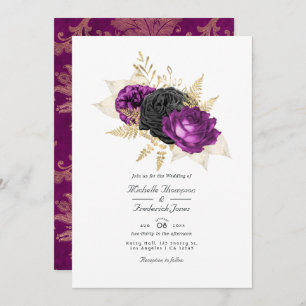 QR-Hochzeit mit schwarzem und Lila Vintagem Flor Einladung