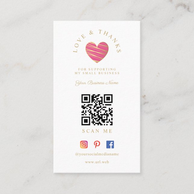 QR Hot Pink Heart Love & Thanks Supporting Visitenkarte (Vorderseite)