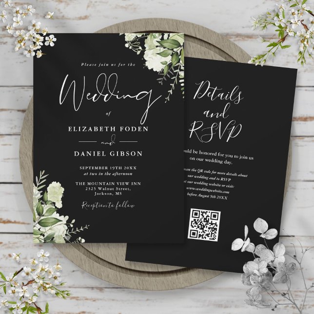 QR-Kodex für Schwarz-Weiß-Grün Einladung (Black And White Greenery Floral QR Code Wedding Invitation)