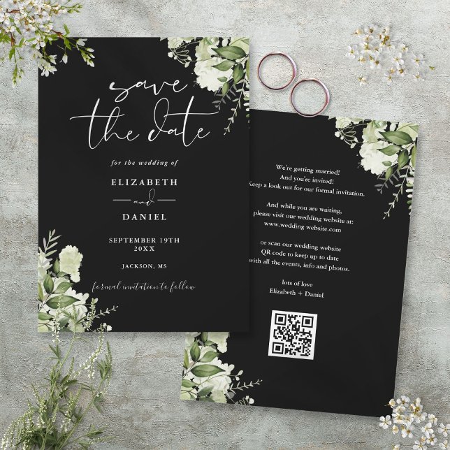 QR-Kodex für Schwarz-Weiß-Grün Save The Date (Black And White Greenery Floral QR Code Wedding Save The Date)