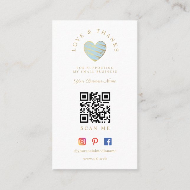 QR Light Blue Heart Love & Thanks Supporting Visitenkarte (Vorderseite)