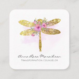 *~* QR LOGO Floral Watercolor GOLD Dragonfly Quadratische Visitenkarte