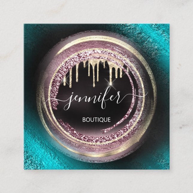 QR-Logo-Shop Schwarze Gold-Tropfen Modernes Blau Quadratische Visitenkarte (Vorderseite)