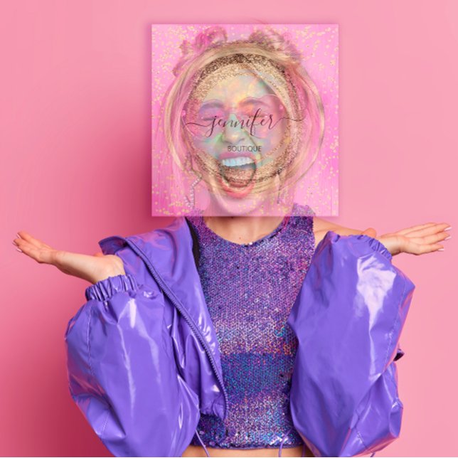 QR-Logos Rosa Glitzer Gold Tropfen Holografisch Quadratische Visitenkarte (QR Code Logo Pink Glitter Gold Drips Holographic Square Business Card)