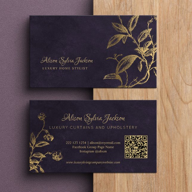 QR Luxury purple elegant faux gold foil foliage Visitenkarte (Von Creator hochgeladen)