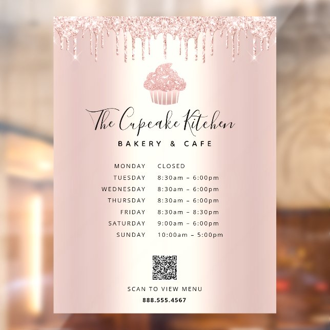 QR Menü Stunden Cupcake Bäckerei Rose Gold Glitzer Fensteraufkleber (Blatt 2)