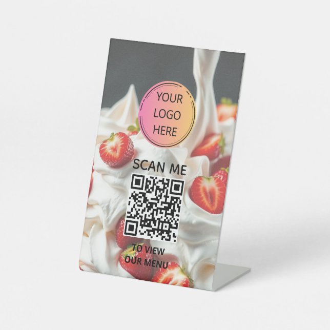 QR-Menü-Zeichen für Whippcreme und Strawberries Sockelschild (Vorderseite)