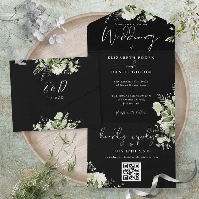 QR-Monogramm-Hochzeit in Schwarz-Weiß-Grün All In One Einladung (Black And White Greenery QR Code Monogram Wedding All In One Invitation)