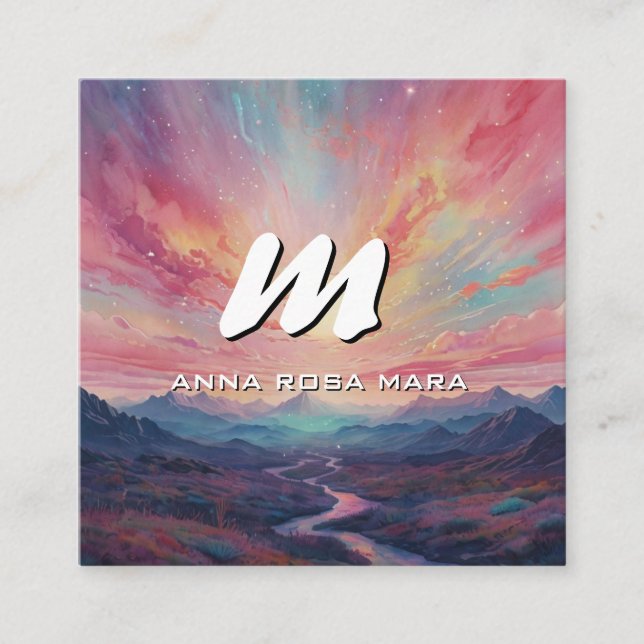 *~* QR Mountains Stream Moderne Landschaft AP93 Quadratische Visitenkarte (Vorderseite)