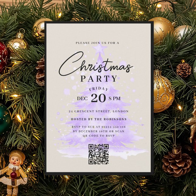 QR Purple Christmas Tree Christmas Party Einladung (QR Purple Christmas Tree Christmas Party Invitation)