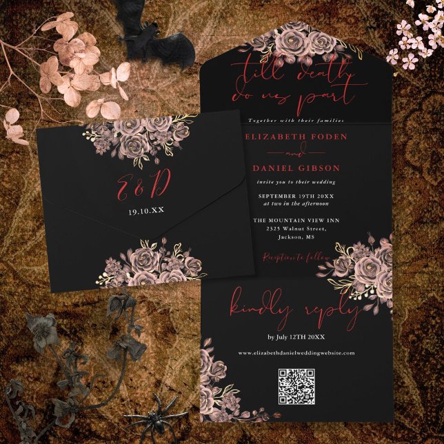 QR-Rose-Hochzeit in schwarz und rot All In One Einladung (Black And Red Gothic Roses QR Code Wedding All In One Invitation)