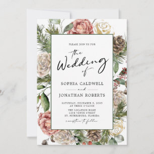 QR-Rose und Pine Calligraphy Winter Wedding Einladung