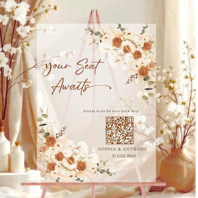 QR-Sitzkarte Akryllische Hochzeitssymbol Acrylschild (Modern Clear Seating)