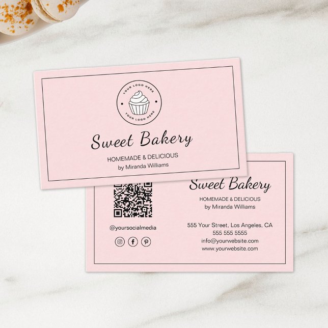 QR Social Media Icons Pink Visitenkarte (Modern Bakery Logo QR Social Media Icons Pink Business Card)