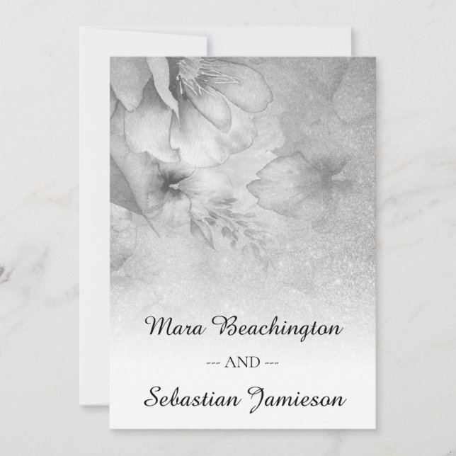 *~* QR UAWG Floral Glitzer Silbergraue Hochzeit Einladung (Vorderseite)