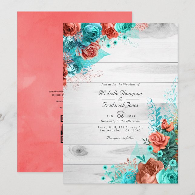 QR-UAWG für Türkis und Korallenflora Einladung (Vorne/Hinten)