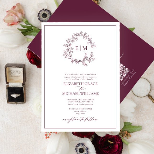 QR-Wappen-Monogramm für das Formal Burgundy Leafy Einladung (Von Creator hochgeladen)