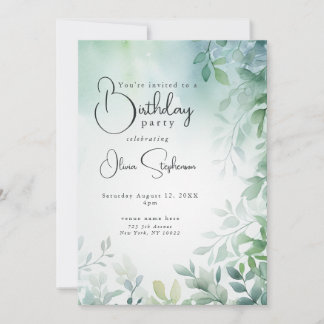 QR Watercolor Birthday Blue Green Blätter Einladung