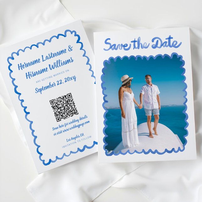 QR-Website zu Whimsical Hand Drawn Blue Foto Save The Date (Von Creator hochgeladen)
