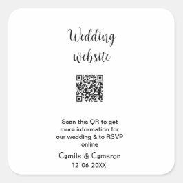 QR WEDING WEBSITE Hinzufügen des Datums Schwarz-we Quadratischer Aufkleber