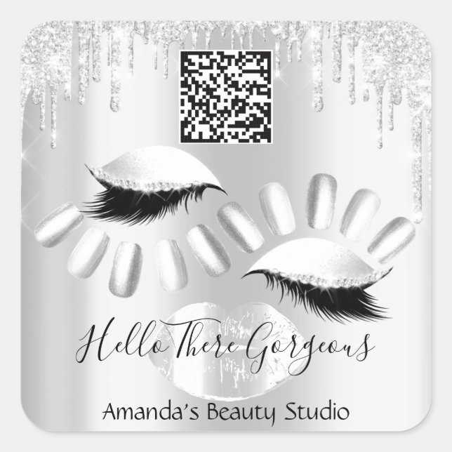QRCoce Logo Gray Tropfen Kiss Nails Lashes Werbeak Quadratischer Aufkleber (Vorderseite)