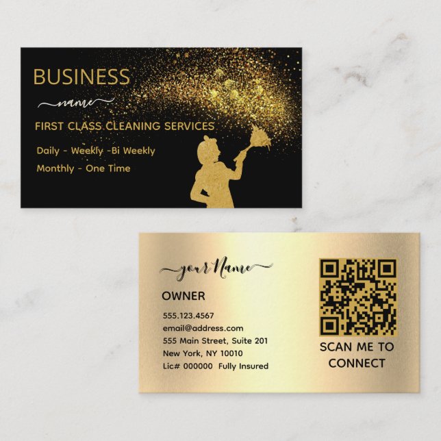 QrCode Cleaning Service Maid Gold Glitter Business Telefonnummerkarte (Vorne/Hinten)