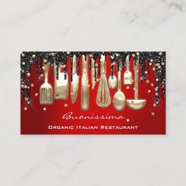 QRCode Koch Kitchen Tropfen Logo Messer Red Gold Visitenkarte (Vorderseite)