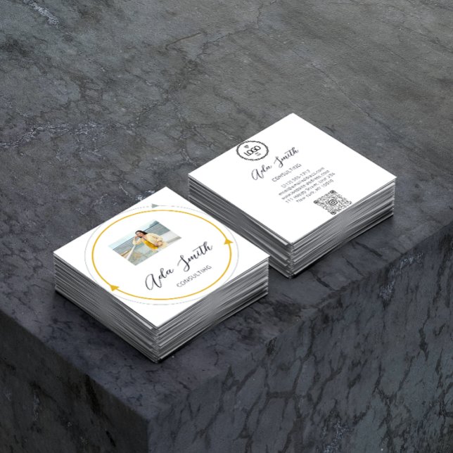 QRCode Logo Custom Foto Frame Gelb Weiß Quadratische Visitenkarte (Von Creator hochgeladen)