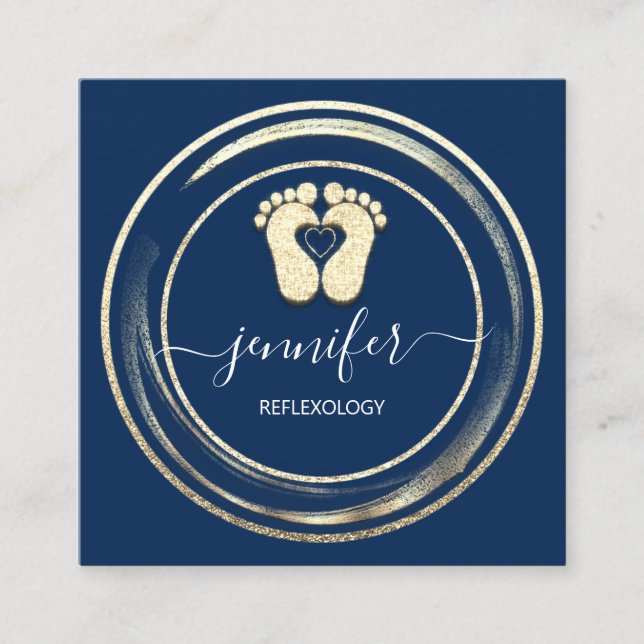 QRCode Logo Reflexology Foot Massage Blue NavyFeet Quadratische Visitenkarte (Vorderseite)