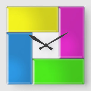 Quadrat aus gelben, lila, grünen und blauen Formen Quadratische Wanduhr