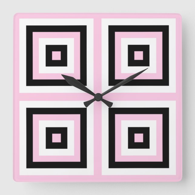 Quadrate in Schwarz, Weiß und Rosa Quadratische Wanduhr (Vorderseite)