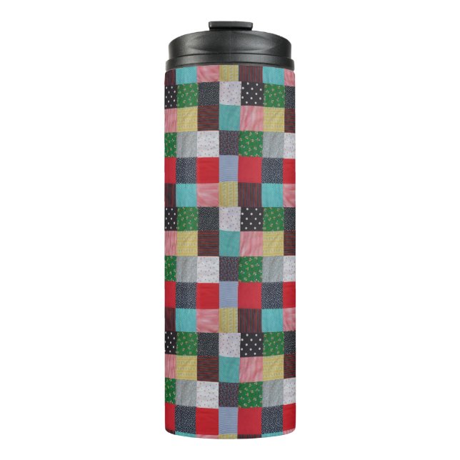 Quadrate mit bunten, Vintagen Stoffpatchwork Thermosbecher (Vorderseite)