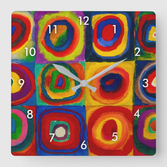 Quadrate mit Kreisen, Abstrakt, Wassis Kandinsky Quadratische Wanduhr (Vorderseite)