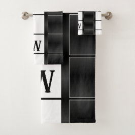 Quadrate und Linien mit schwarzer und weißer Geome Badhandtuch Set