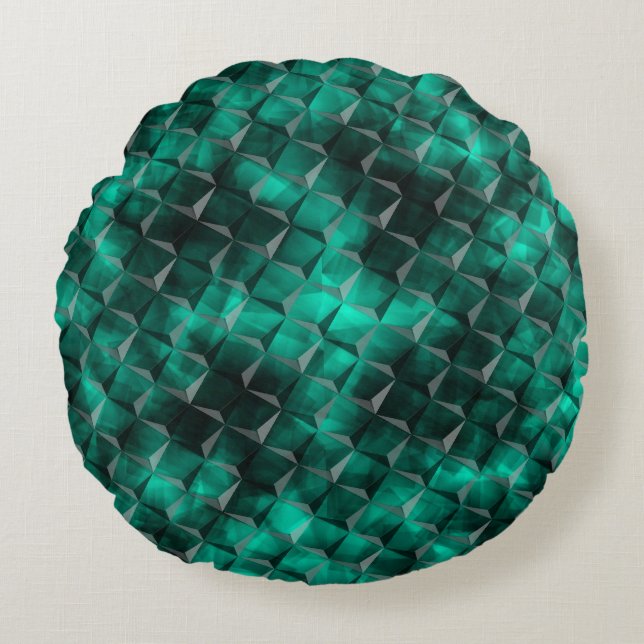 Quadrate zu Dreiecken in einer smaragdfarbenen Far Rundes Kissen (Vorderseite)