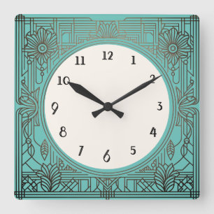 Quadratische Art Deco-Uhr in Aqua Türkis Wanduhr