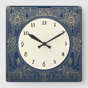 Quadratische Art Deco-Uhr in Marineblau und Gold Wanduhr